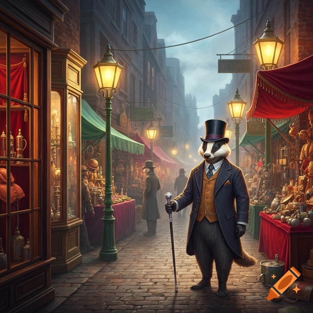 An anthropomorphic badger in a dandy suit and top hat, holding a cane, stands on a cobblestone street in a foggy Victorian-era market.