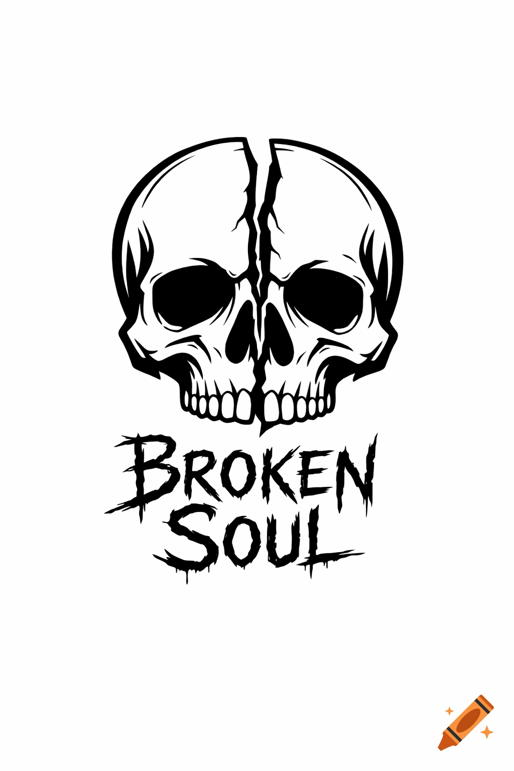 Black and white stylized illustration of a cracked skull with the words 'Broken Soul' in a distressed font below it, resembling a tattoo design.