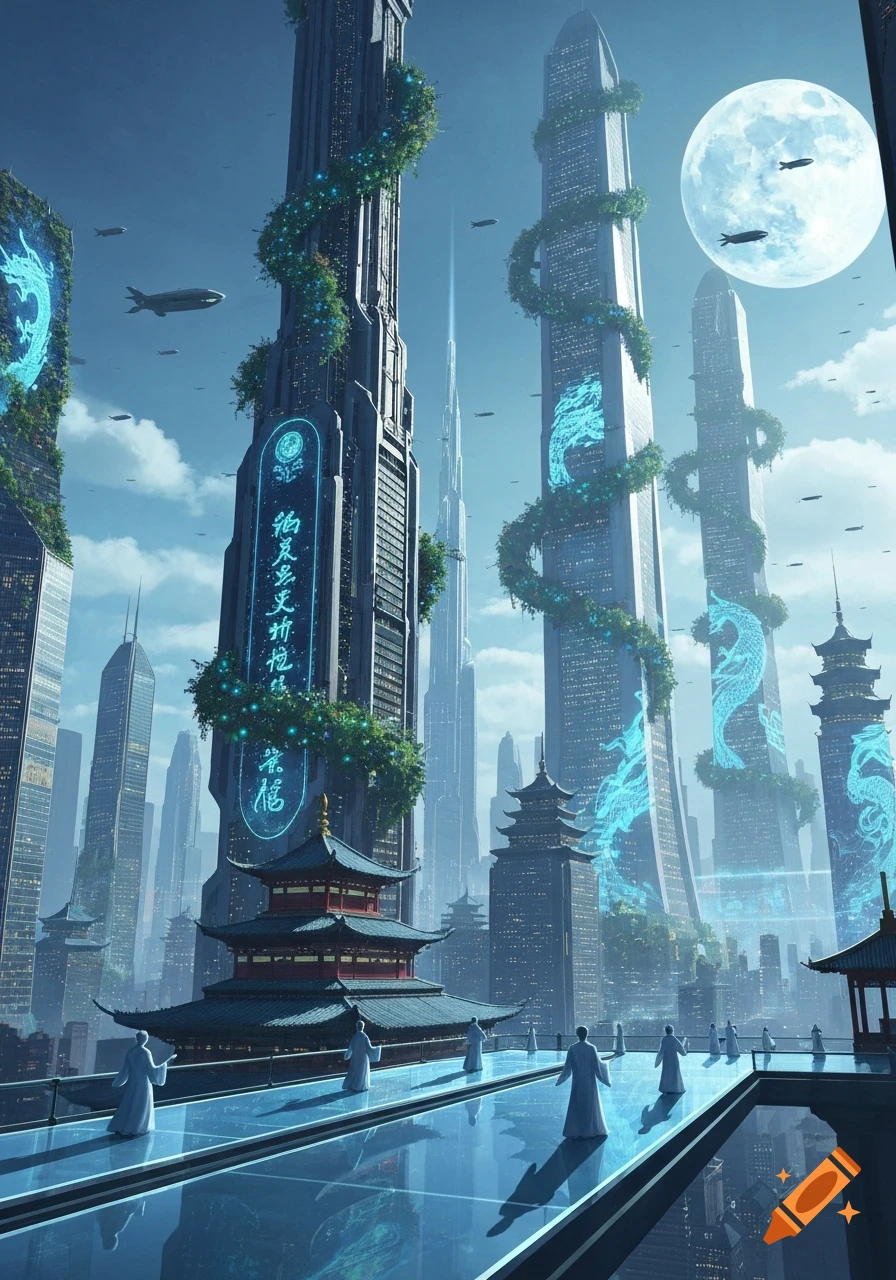 A futuristic city with tall skyscrapers entwined with glowing green ...