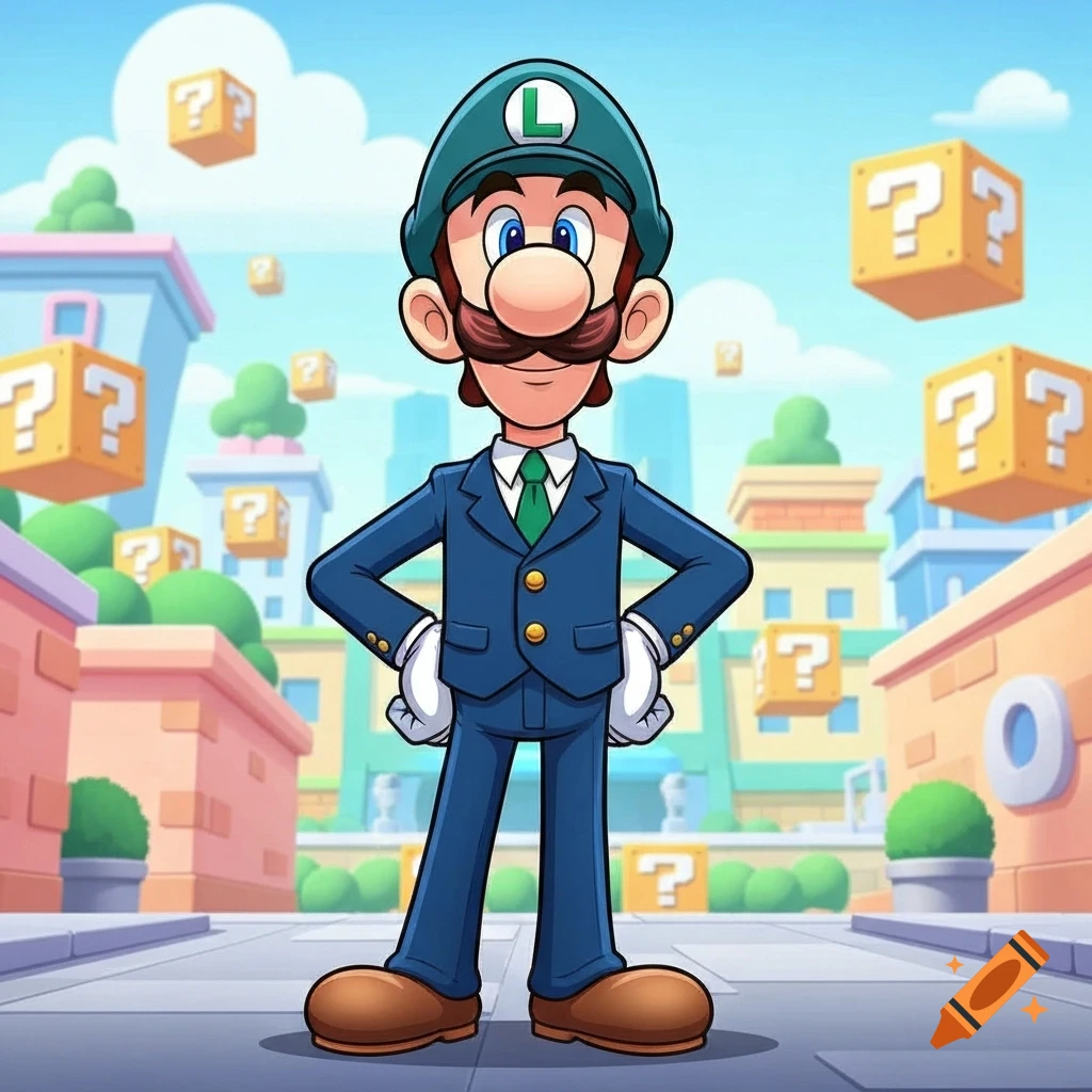 Cartoon illustration of Luigi in a blue suit, standing with hands on hips on a city street with floating question mark blocks.
