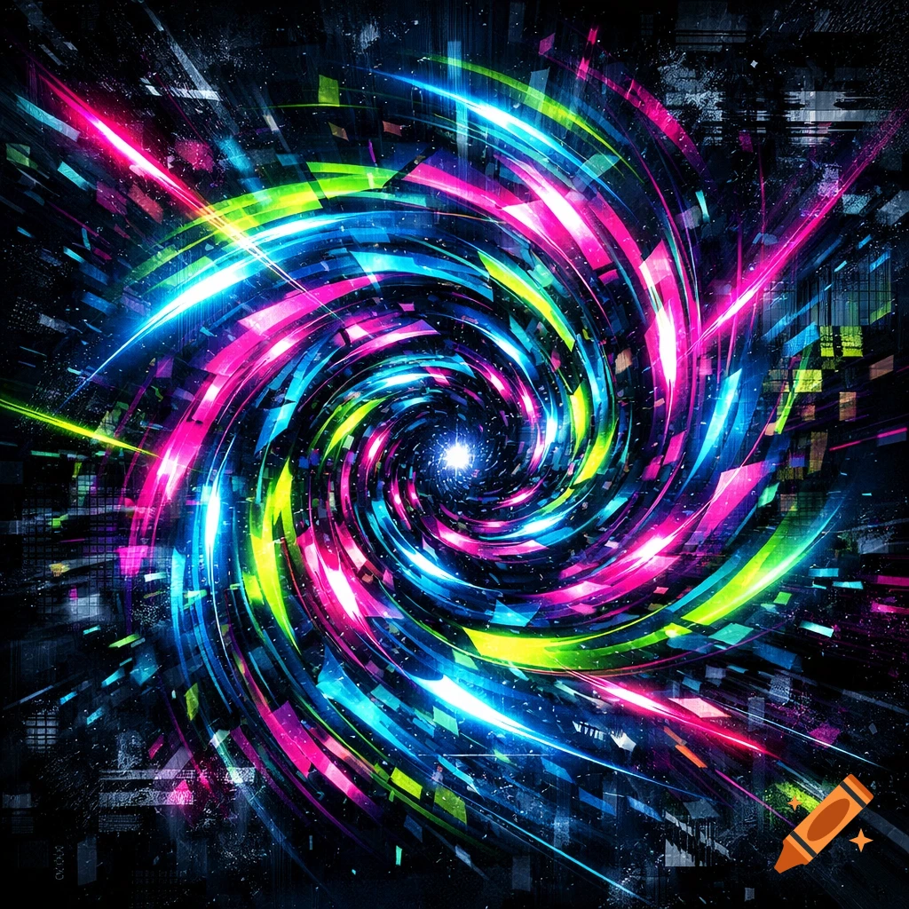 Vibrant abstract swirl of neon pink, blue, green, and yellow light streaks and geometric shapes forming a vortex on a dark, grunge background.