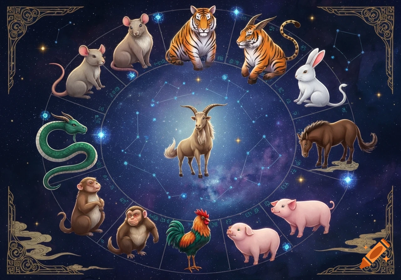 An illustration of the twelve Chinese zodiac animals arranged in a circle, with a goat in the center, against a starry night sky with constellations.