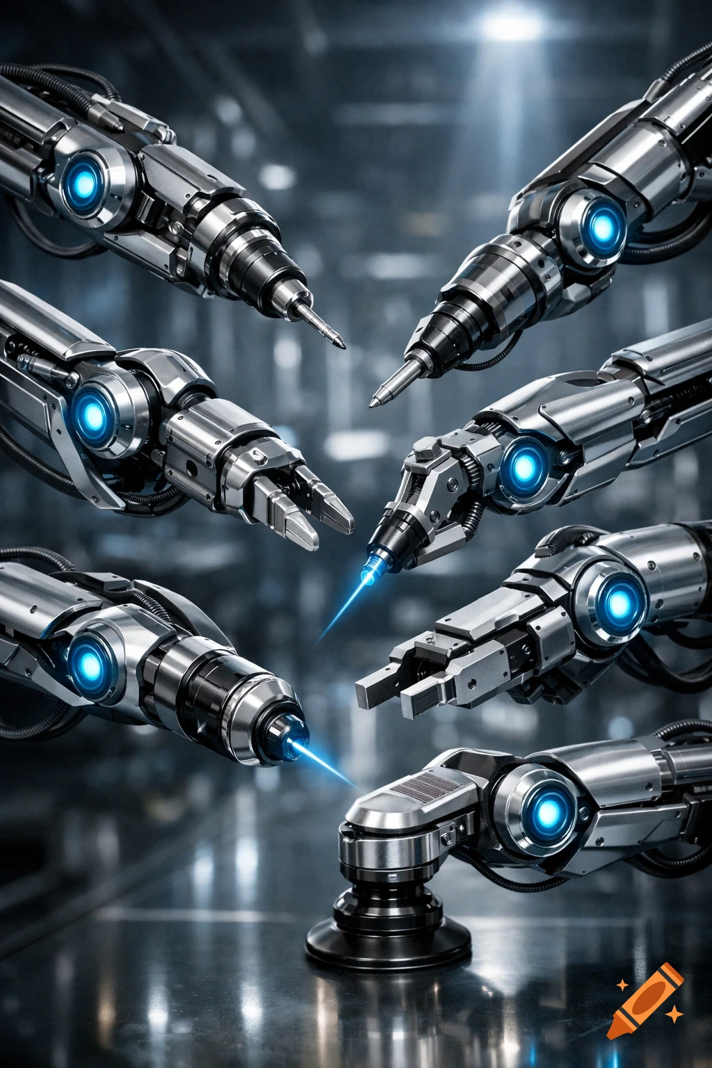 Several metallic robotic arms with glowing blue accents and various tools on a reflective surface in an industrial setting.