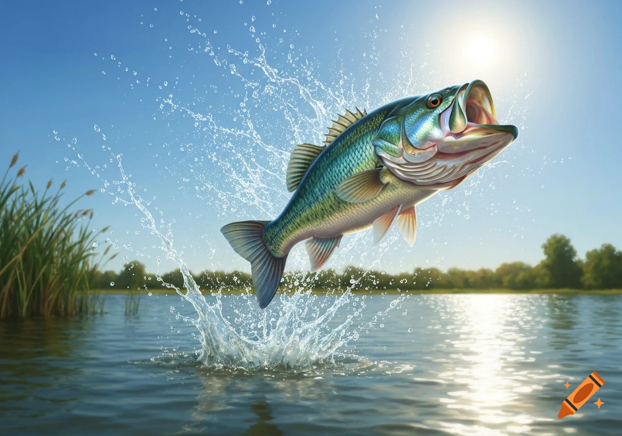 A vibrant bass fish jumps out of the water, creating a splash under a sunny blue sky with a green shoreline.