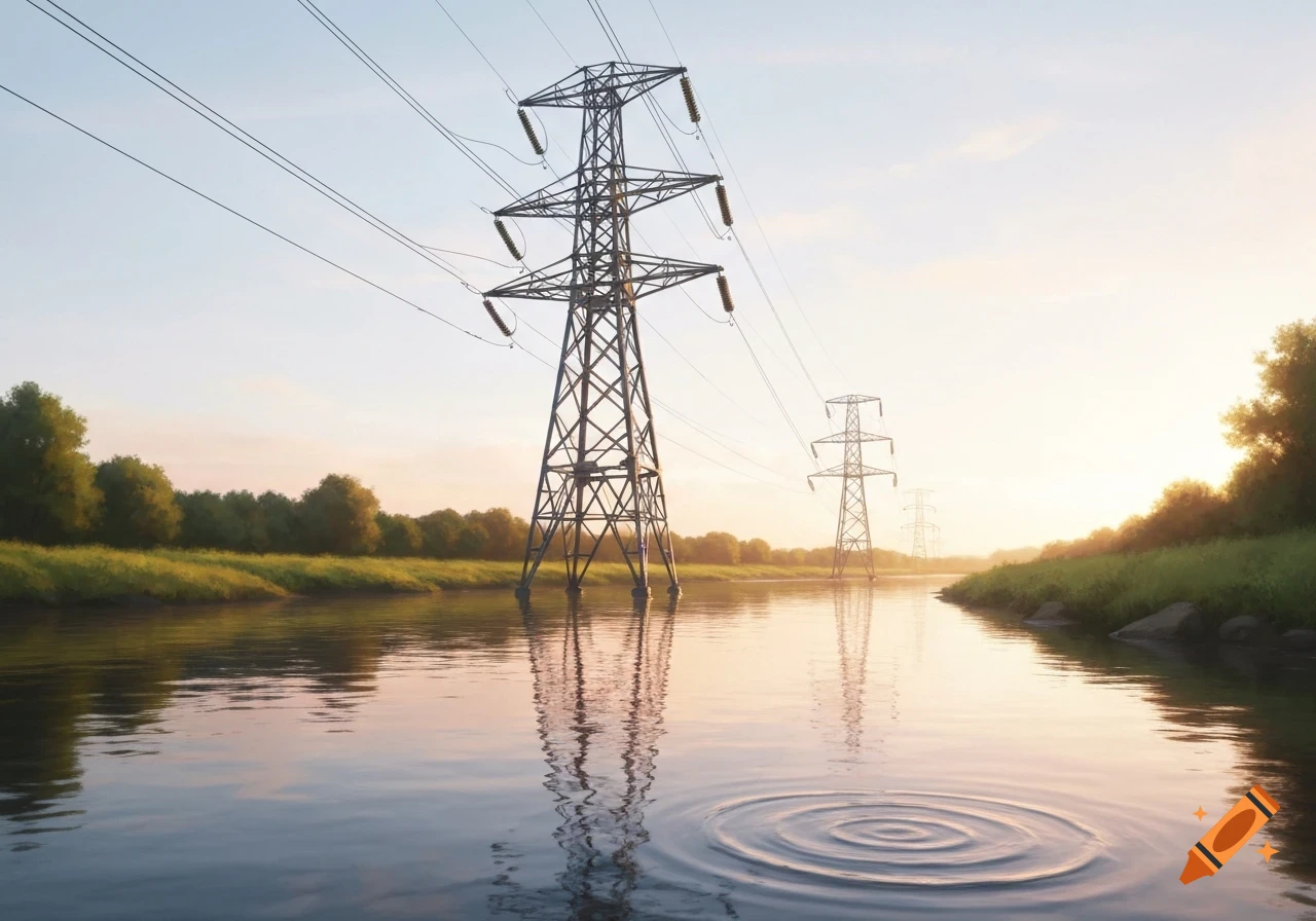 Electricity pylons stand in a calm river at sunrise, with reflections in the water and green tree-lined banks. Photorealistic.
