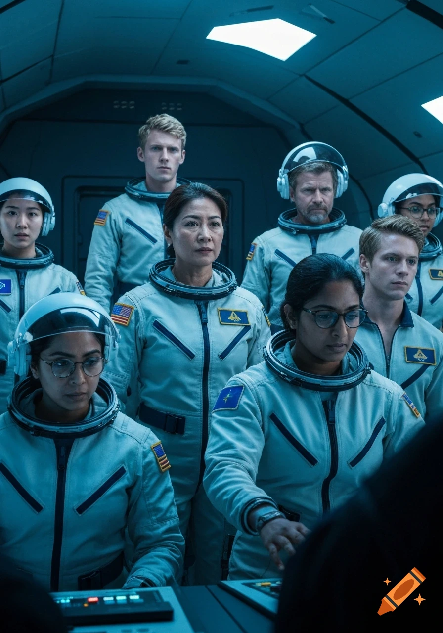 A diverse crew of astronauts in white suits stands in a blue-lit spaceship control room, one woman operating a panel.