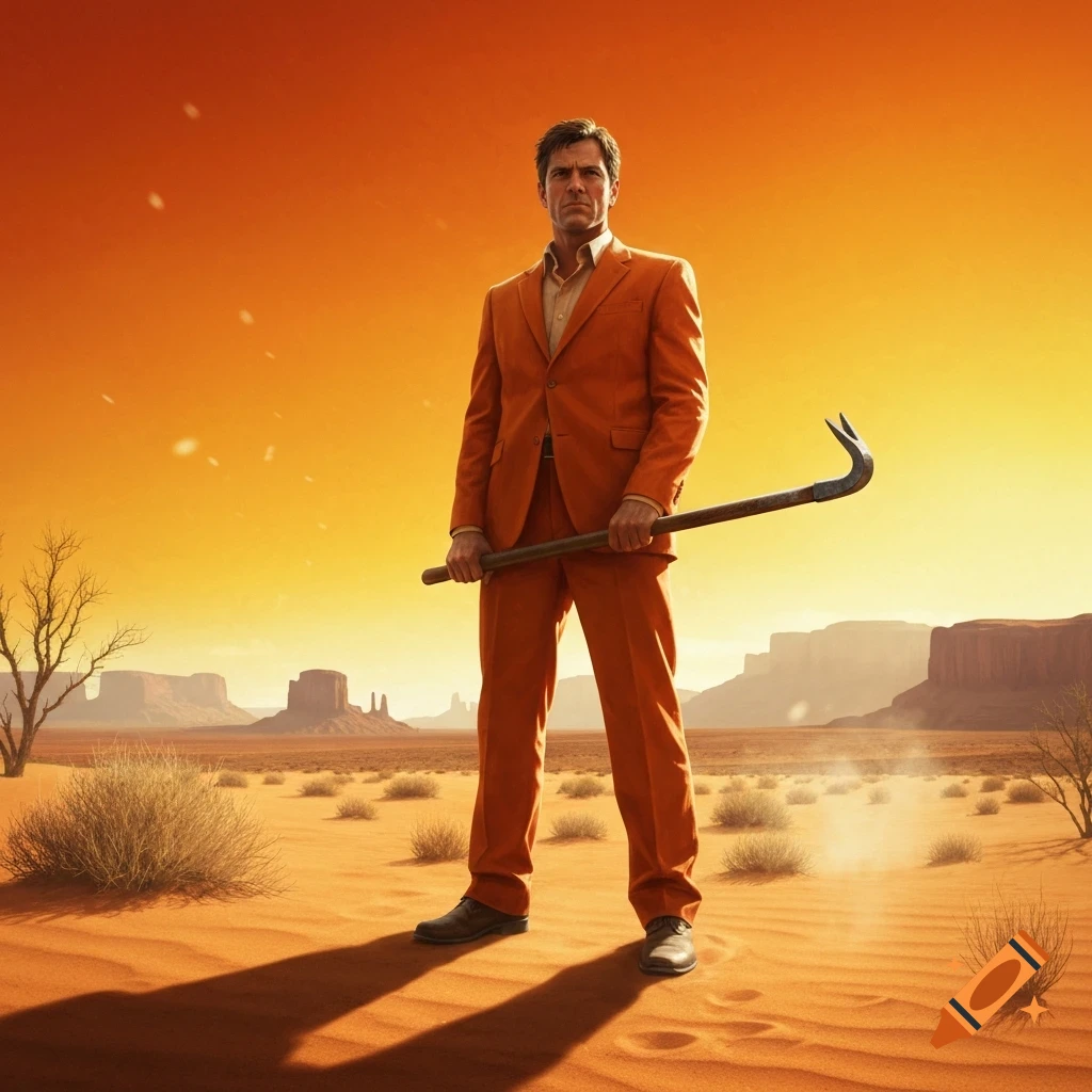 A man in an orange suit stands in a desert holding a crowbar, under an orange and yellow sky.