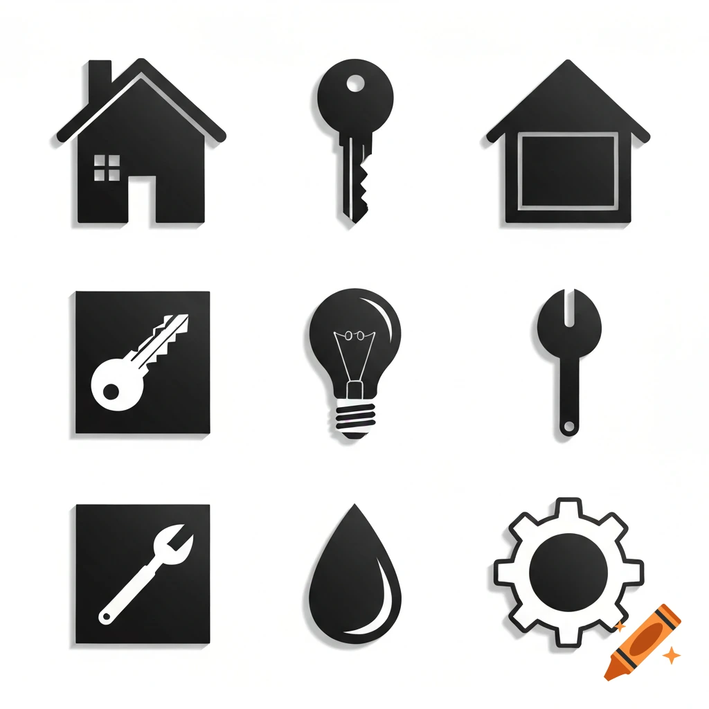 Black and white icons representing household items, including two houses, two keys, a lightbulb, two wrenches, a water drop, and a gear.