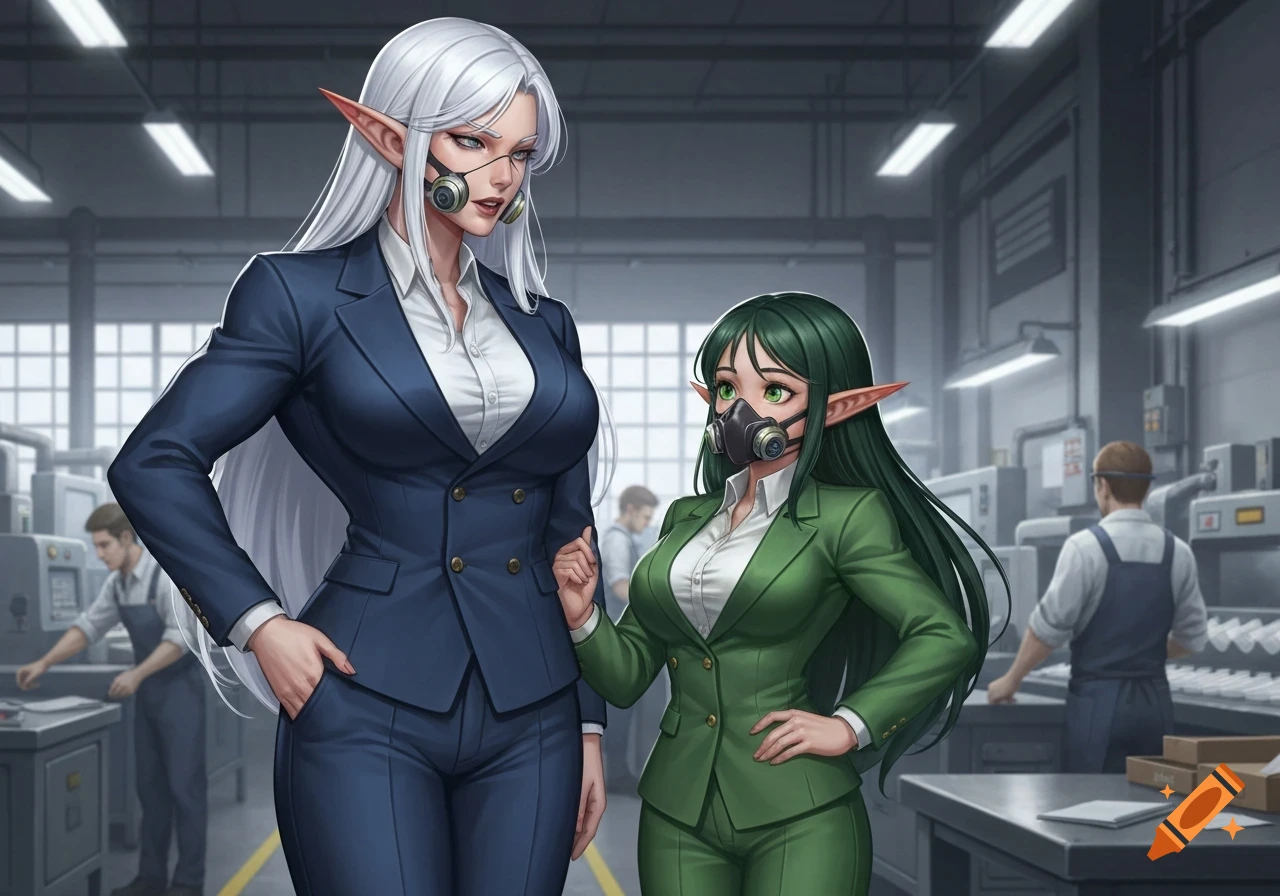 A serious tall elf woman with white hair in a blue suit and a smiling short elf woman with green hair in a green suit, both wearing breathing masks, stand in a factory.