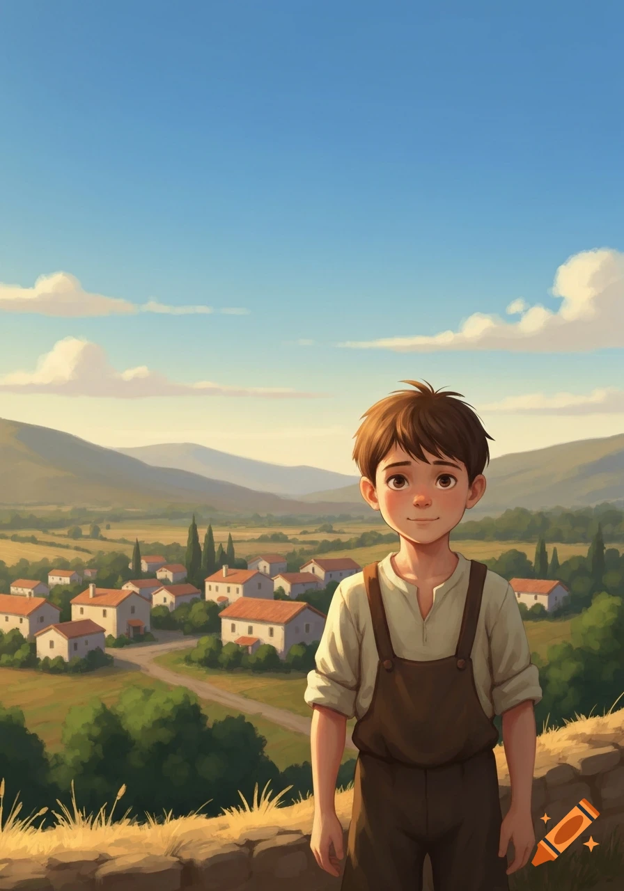 A smiling young boy in brown overalls stands on a stone wall overlooking a picturesque village nestled in a green valley, illustrated.