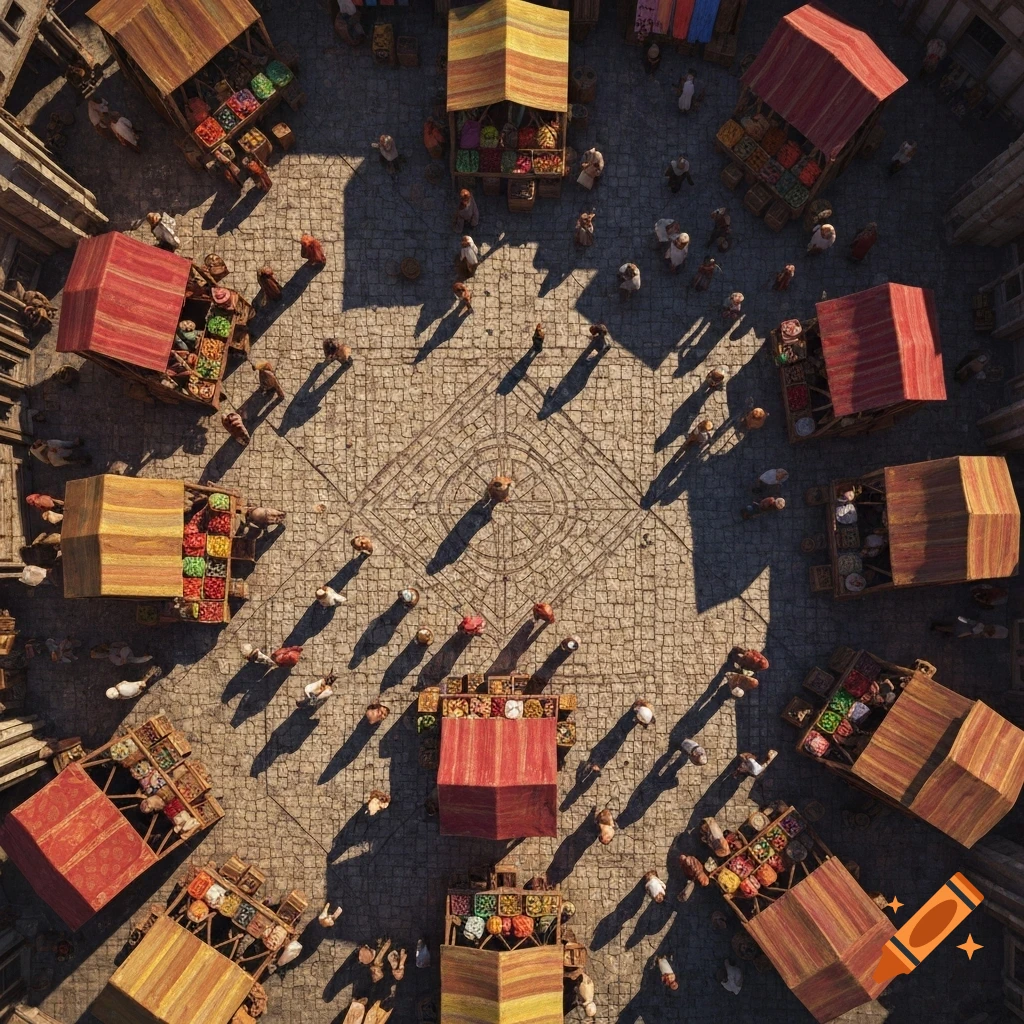 An overhead view of a bustling outdoor market square with numerous colorful stalls and many people milling about.