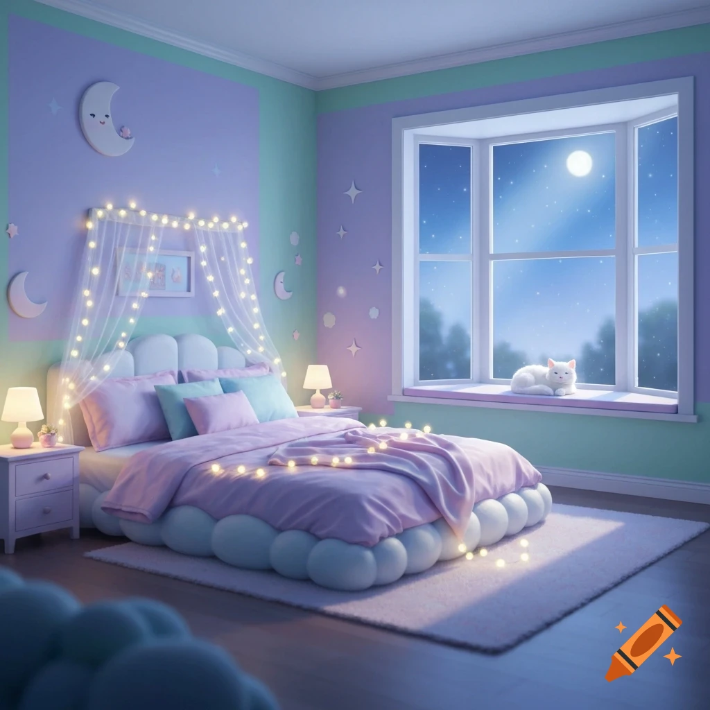 A whimsical pastel bedroom featuring a canopy bed with string lights, moon decor, and a white cat by a window at night.