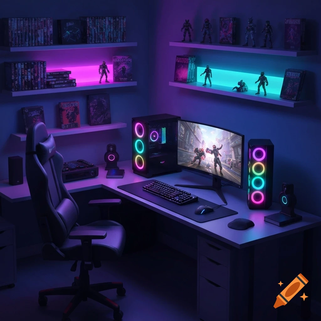 A modern gaming room with a glowing RGB computer, monitor, gaming chair, and shelves of games, illuminated by purple and blue light.