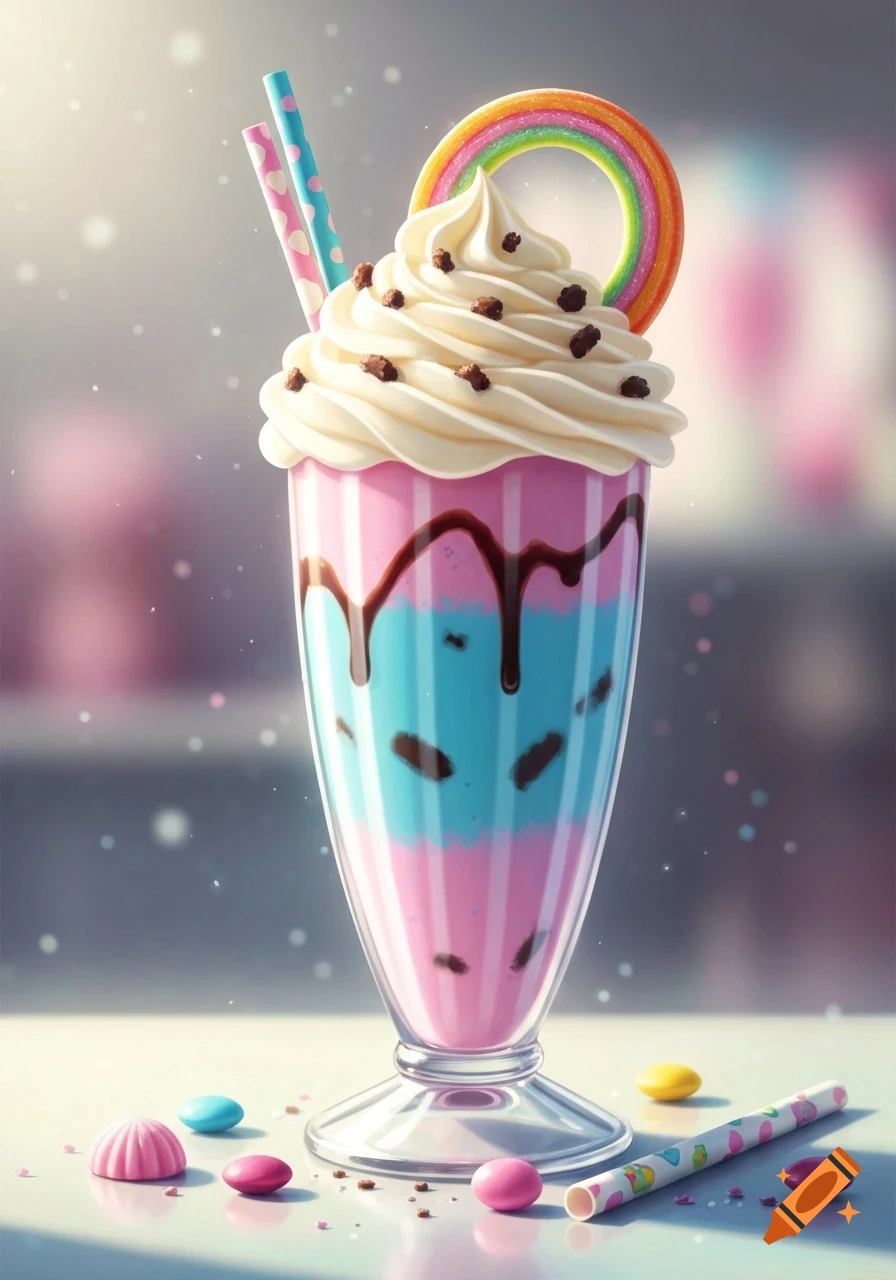 A vibrant, stylized milkshake in a tall glass, with pink and blue layers, whipped cream, chocolate drizzle, a rainbow candy, and colorful candies on a white surface.