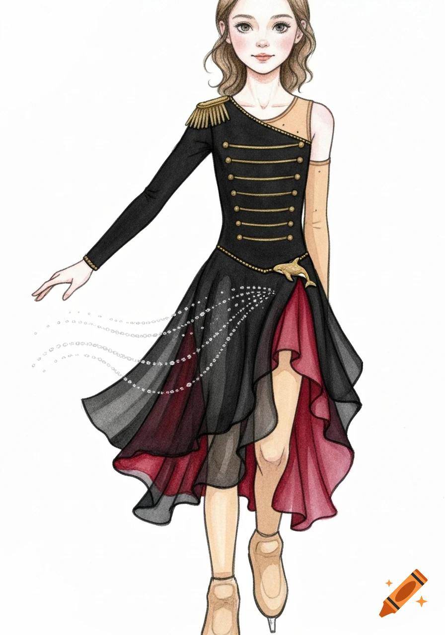 A watercolor and pencil illustration of a girl in an elegant black asymmetrical figure skating dress with gold military details, a red underskirt, and crystal patterns.