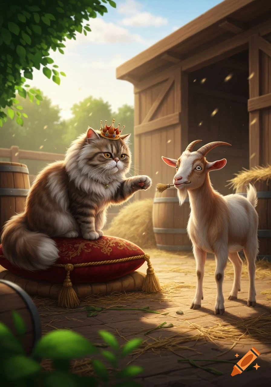 A regal cat wearing a crown on a red cushion gestures at a goat holding hay in its mouth, set in a sunny barn.