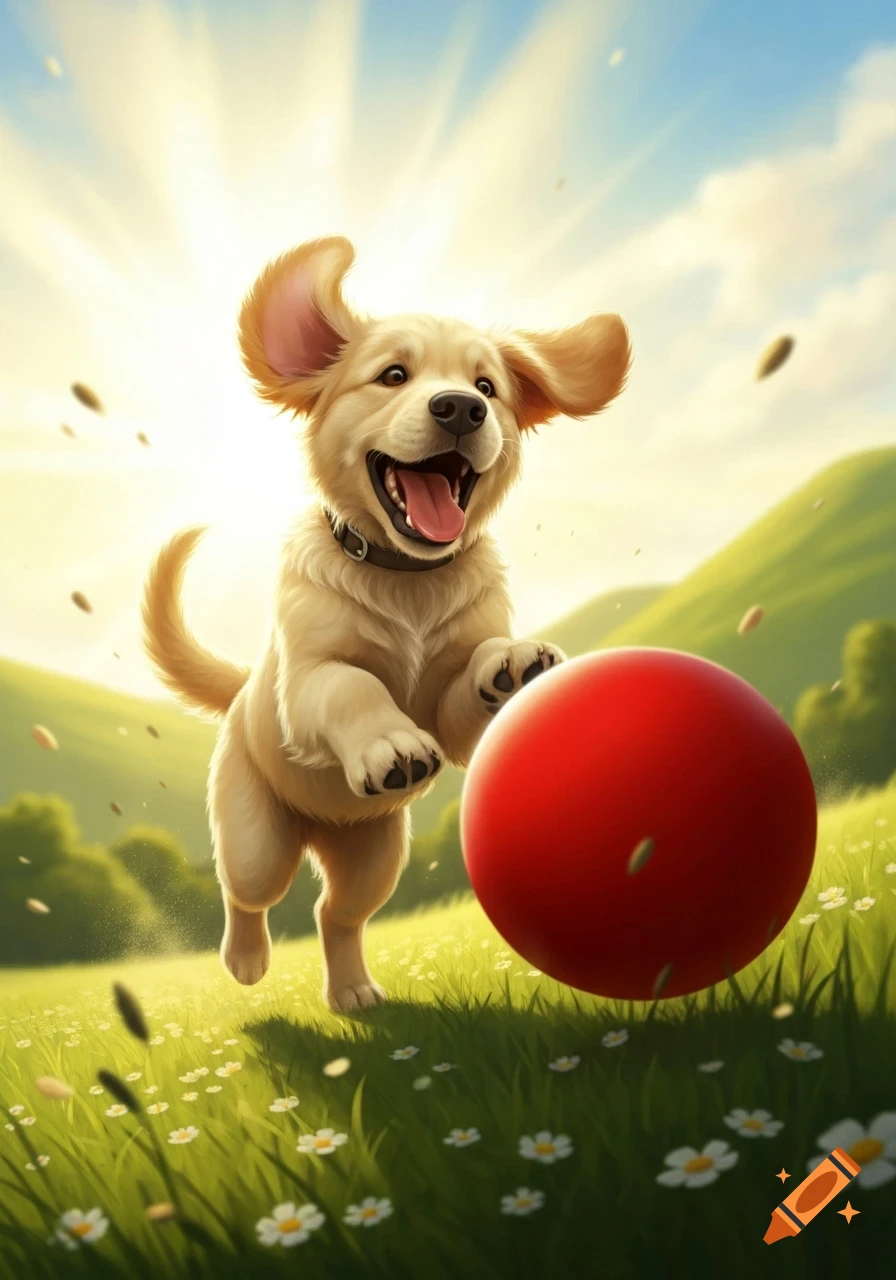 A happy golden retriever puppy jumps to play with a red ball in a sunny ...