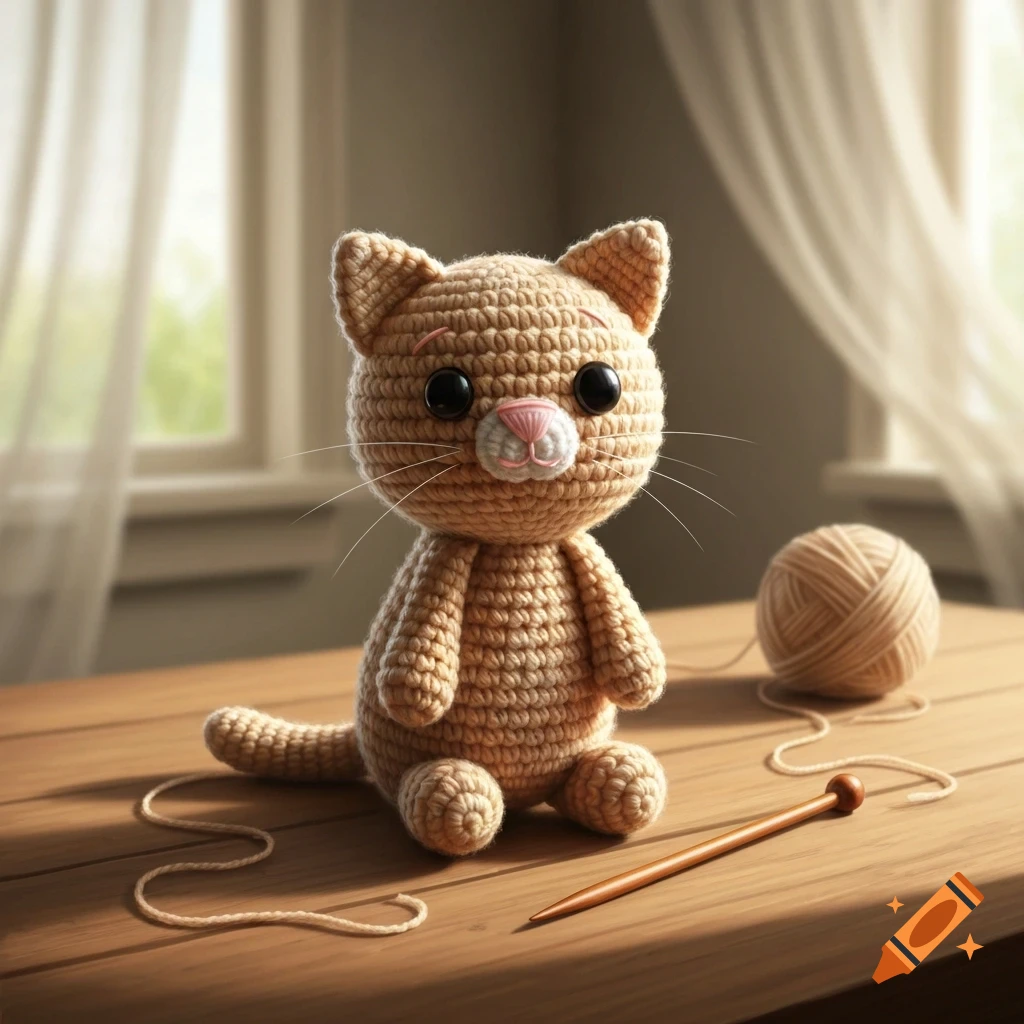 A beige crocheted cat with black eyes and pink nose sits on a wooden table next to a ball of yarn and a crochet hook, with a bright window in the background.