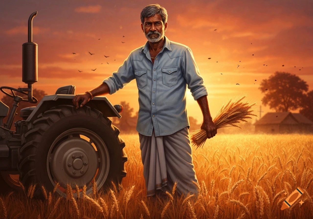 An Indian farmer stands in a golden wheat field at sunset, leaning on a tractor and holding a bundle of wheat stalks.
