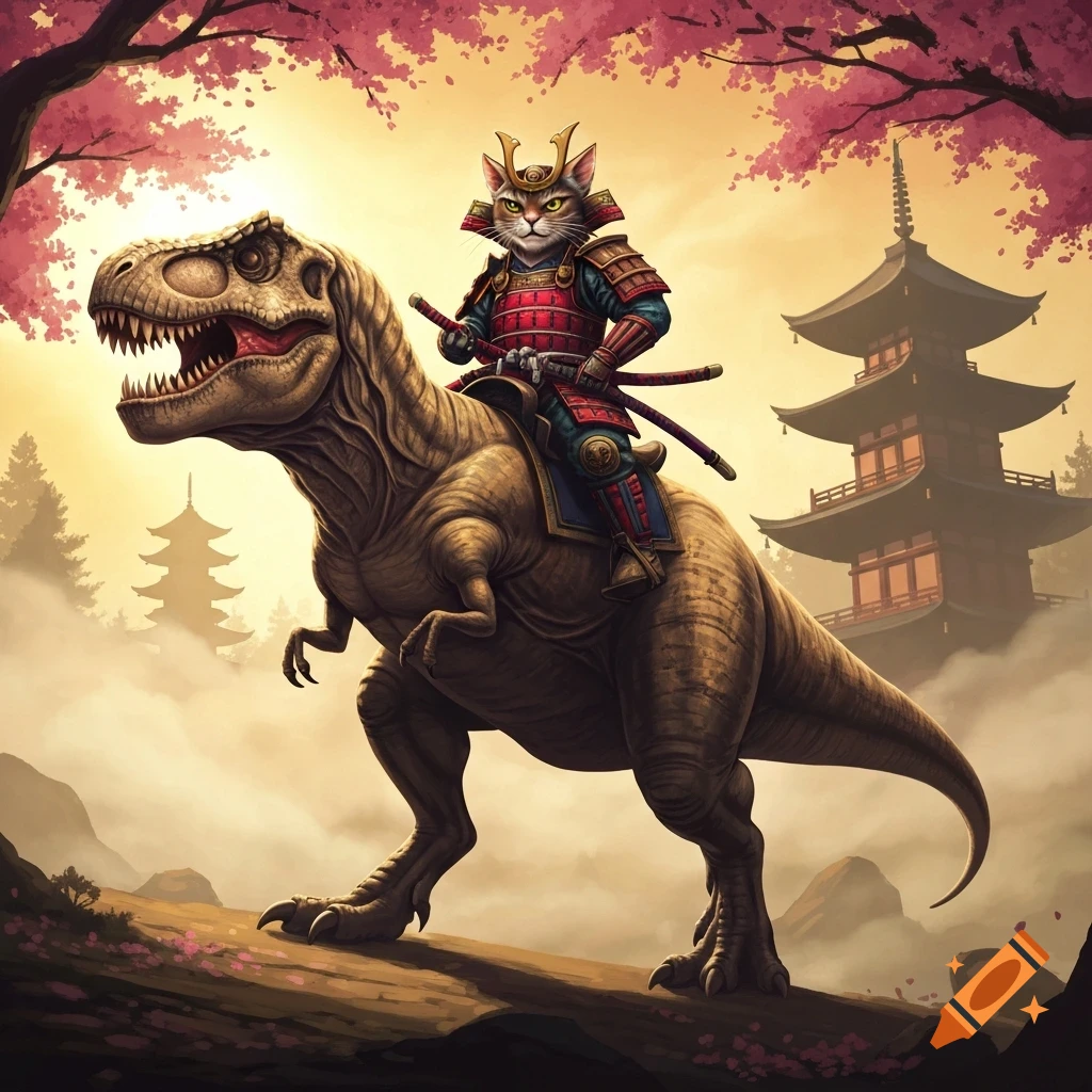 A samurai cat warrior rides a T-Rex through a fantasy Japanese landscape with pagodas and cherry blossoms.