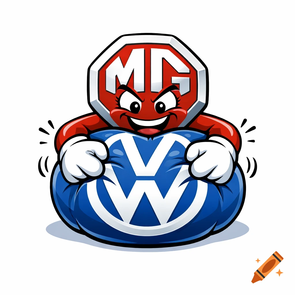 Humorous cartoon of a red MG logo character playfully squeezing a blue VW logo.