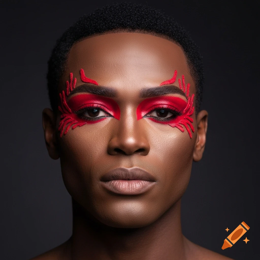 Close-up portrait of a Black male actor with elaborate red theatrical makeup around his eyes, looking directly forward.