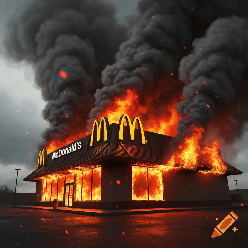 A photorealistic image of a McDonald's restaurant building completely engulfed in flames, with thick black smoke rising into the sky.