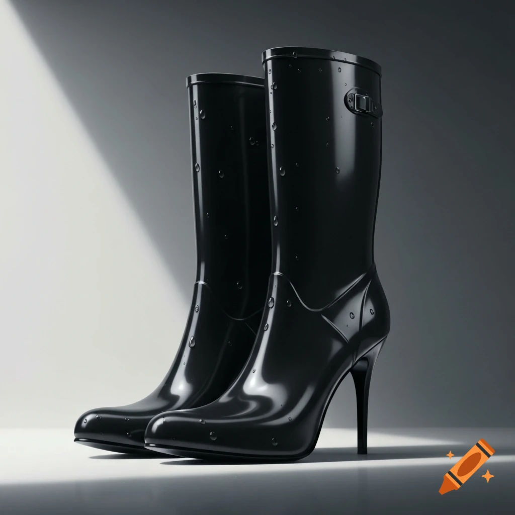 A pair of shiny black rubber boots with stiletto heels and water droplets, against a grey studio background.