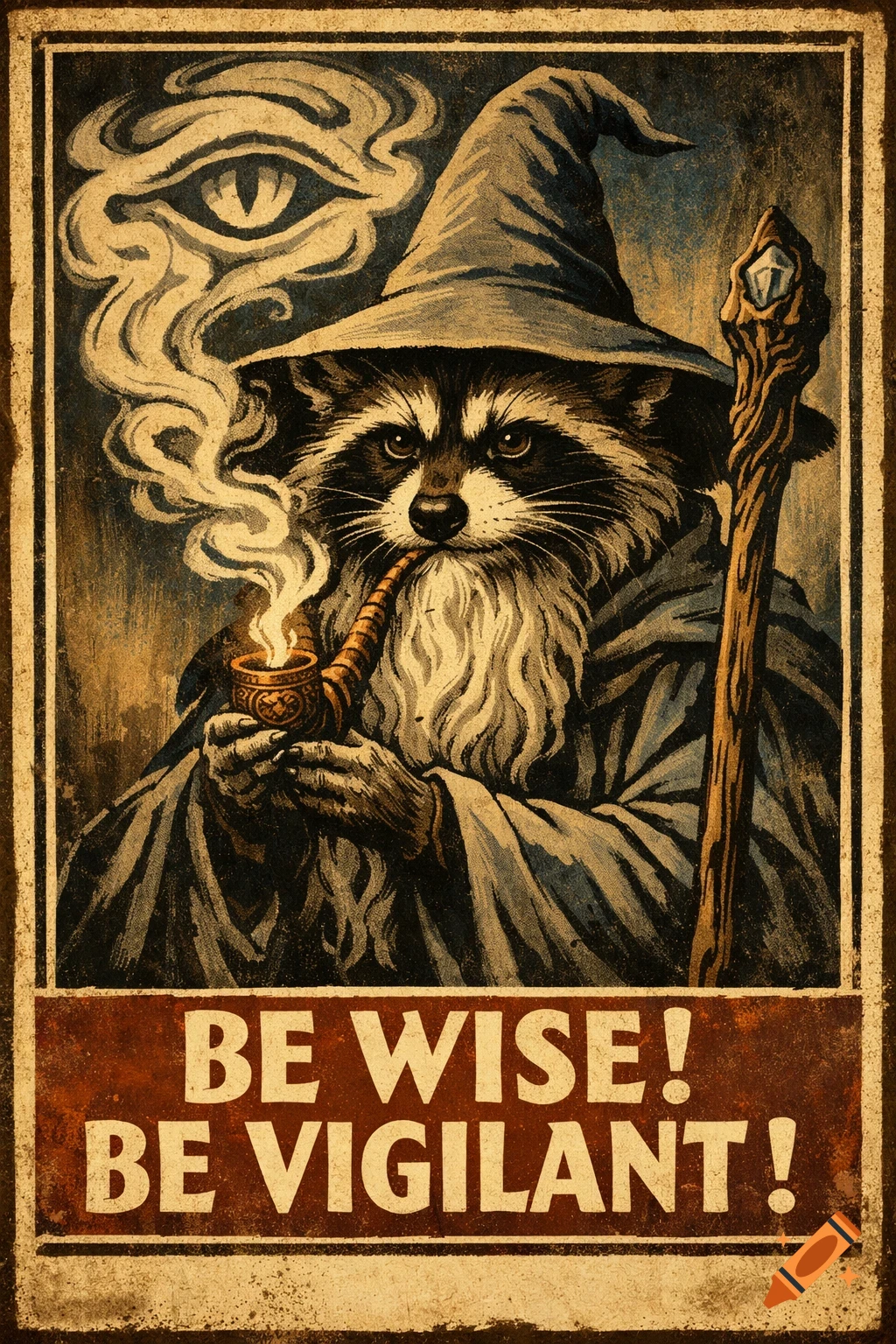 A vintage propaganda poster shows a raccoon wizard smoking a pipe, with an all-seeing eye in the smoke.