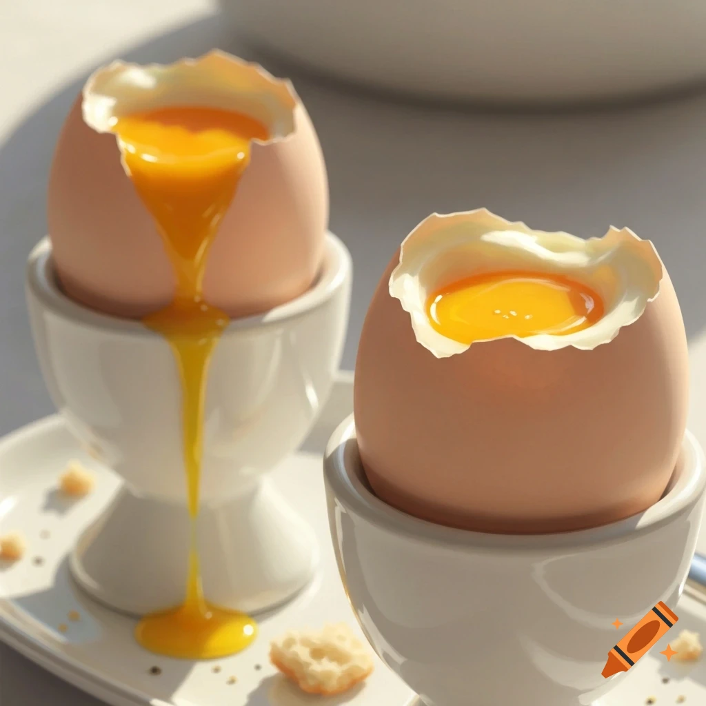 Two soft-boiled eggs in white egg cups on a tray, one with a runny golden yolk spilling out, photorealistic.