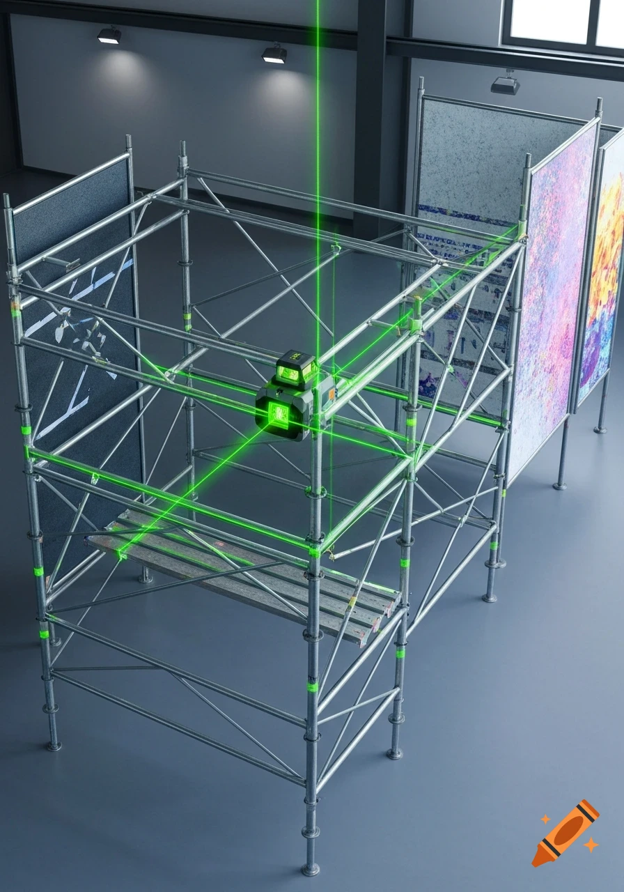 A laser level projecting green lines onto metal scaffolding with abstract art panels in an indoor setting.