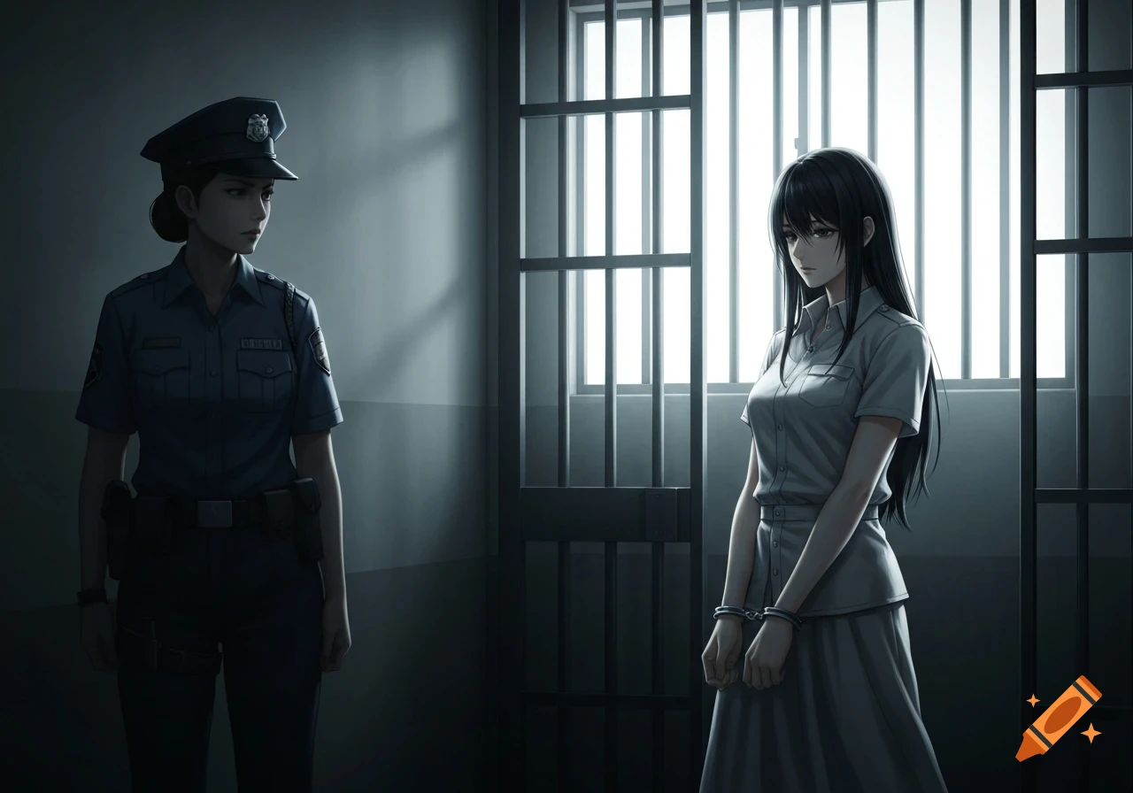 An anime police woman in uniform stands looking at an anime woman in a prison outfit with handcuffs in a cell with barred windows.
