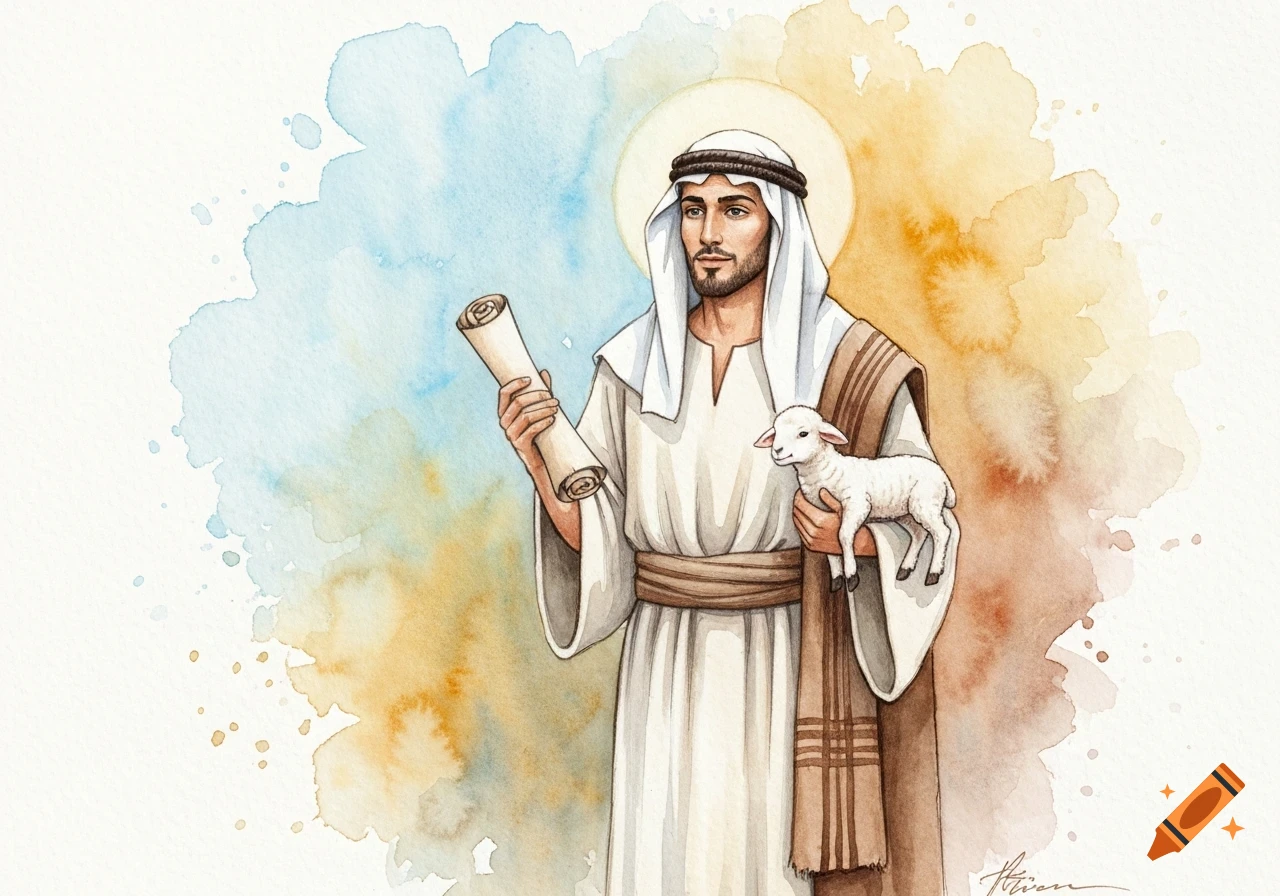 A serene man in biblical robes holds a scroll and a lamb, depicted in a soft watercolor style against a blue and gold background.