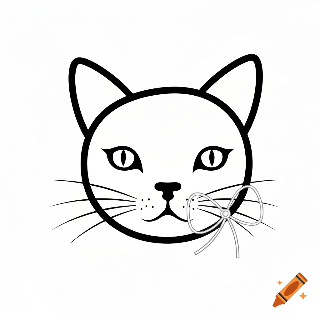 Black outline of a cat's head with large eyes and a small, light gray ribbon bow tied near its whiskers on the right.