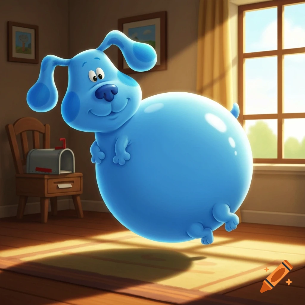 Blue from Blue's Clues is inflated like a huge blue balloon, happily floating in a sunlit cartoon room.