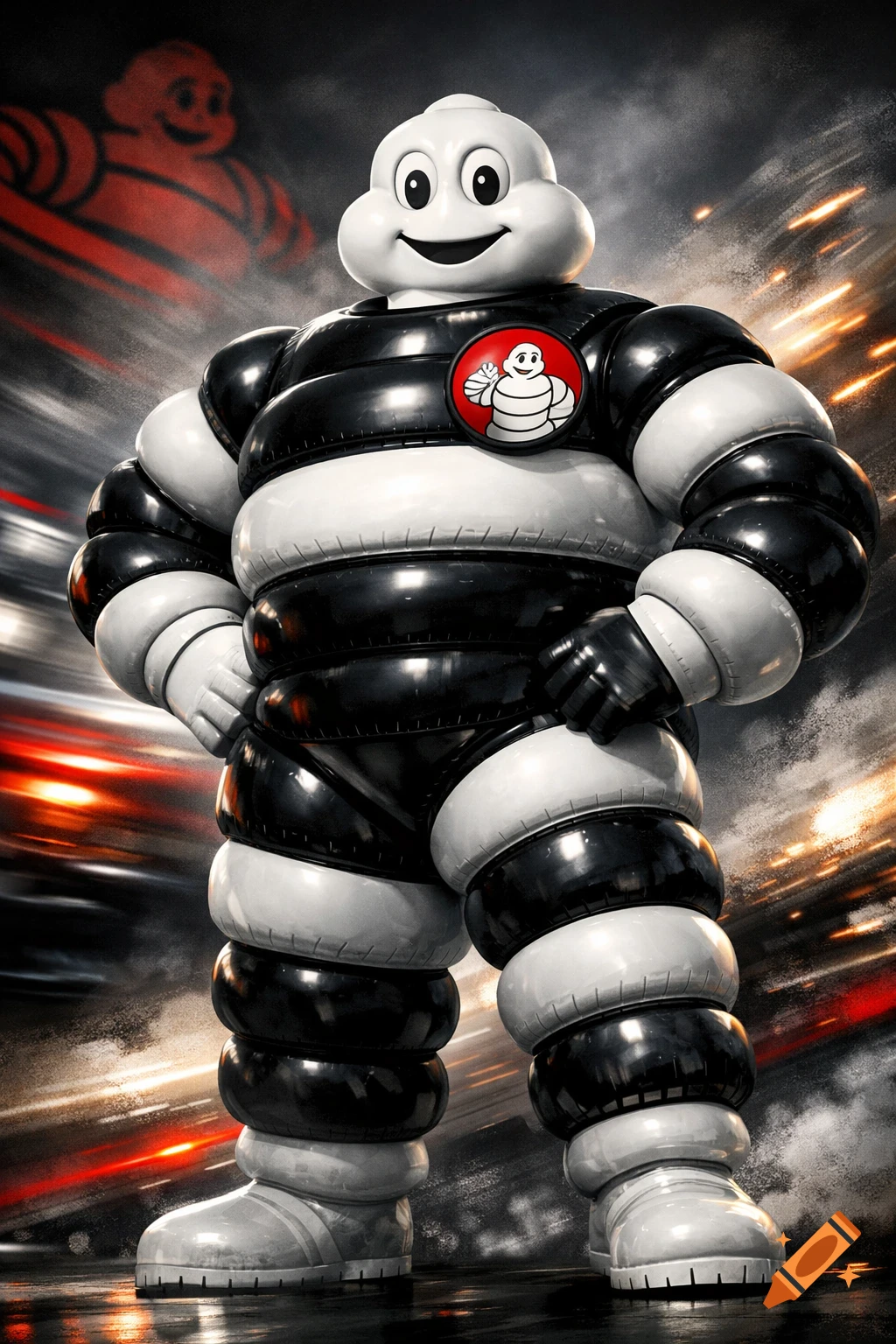 Michelin Man in a powerful, heroic pose, made of white and black tires, standing against a dynamic, blurred background with red streaks.