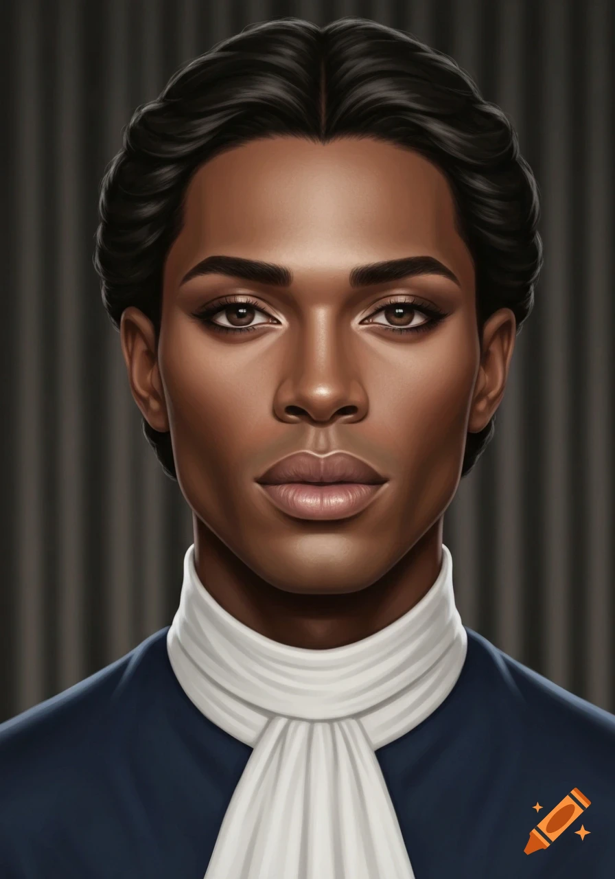 Digital art portrait of a dark-skinned person with elegant theatre makeup and a white cravat over a dark blue suit.