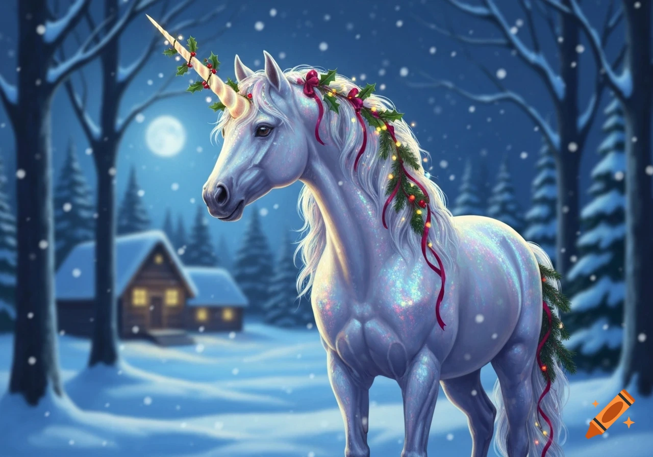 A sparkling white unicorn adorned with Christmas garlands stands in a snowy winter forest at night, with a cabin and full moon in the background.