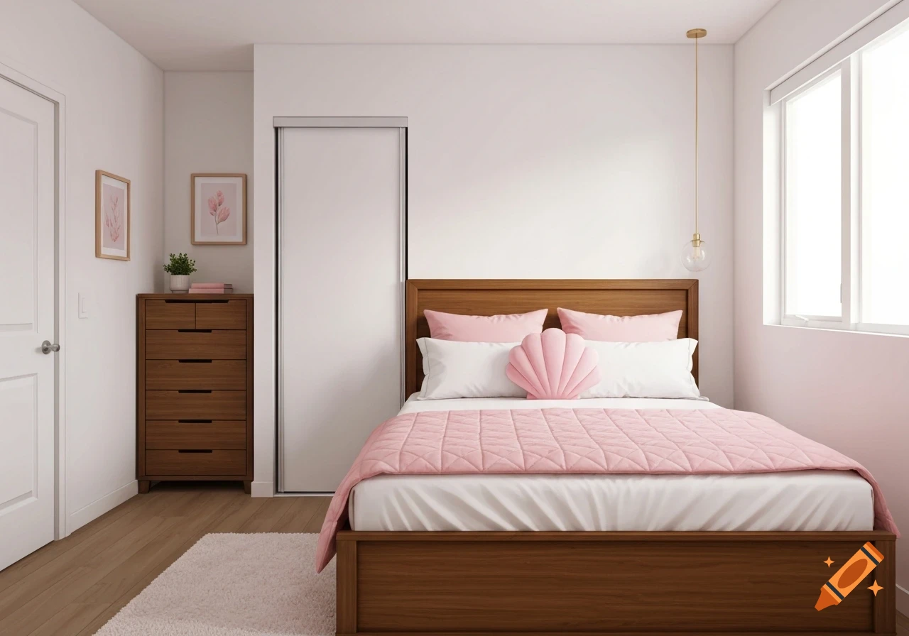 A modern bedroom with a wooden bed, pink bedding, a pink seashell pillow, a wooden dresser, a window, and a sliding closet door.