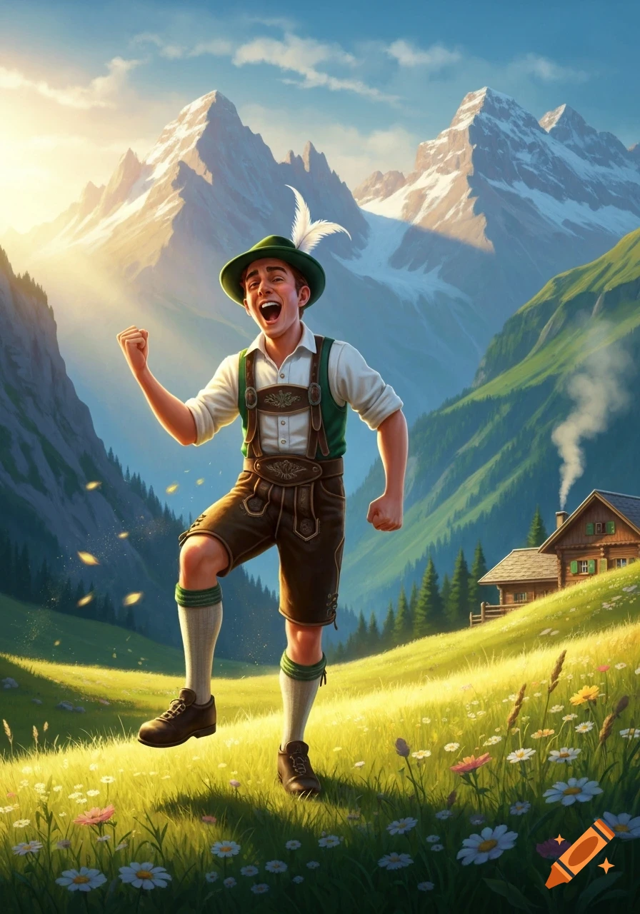 A happy man in traditional Bavarian lederhosen and a feathered hat celebrates in a vibrant green mountain meadow with a cabin.