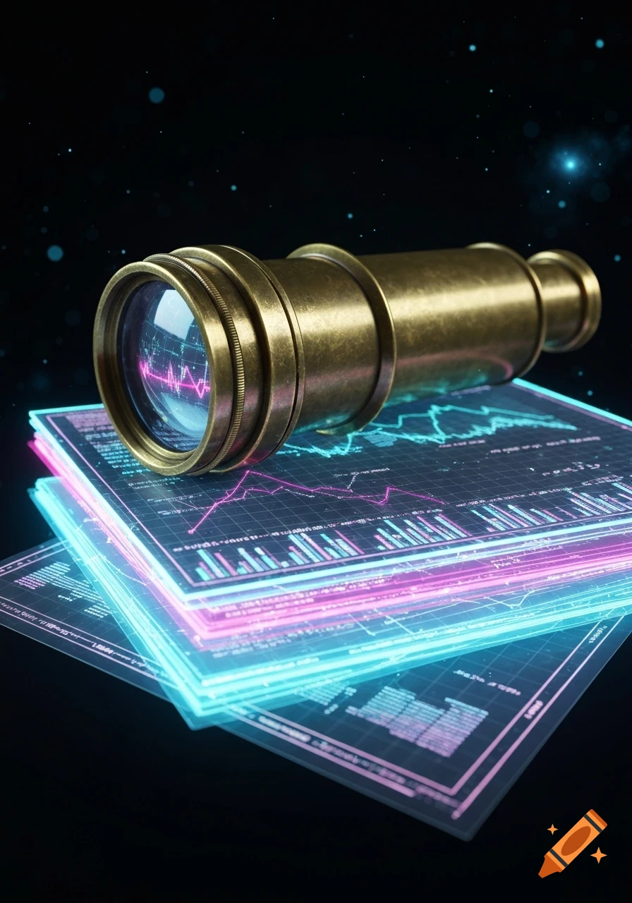 A brass telescope rests on a stack of glowing, translucent screens displaying vibrant pink and blue data charts against a dark, starry background.