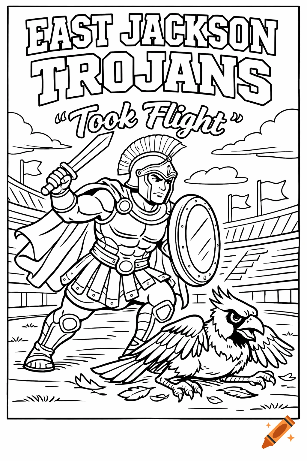 Coloring page of a Spartan warrior standing over a cardinal bird in a stadium, text 'EAST JACKSON TROJANS Took Flight'.