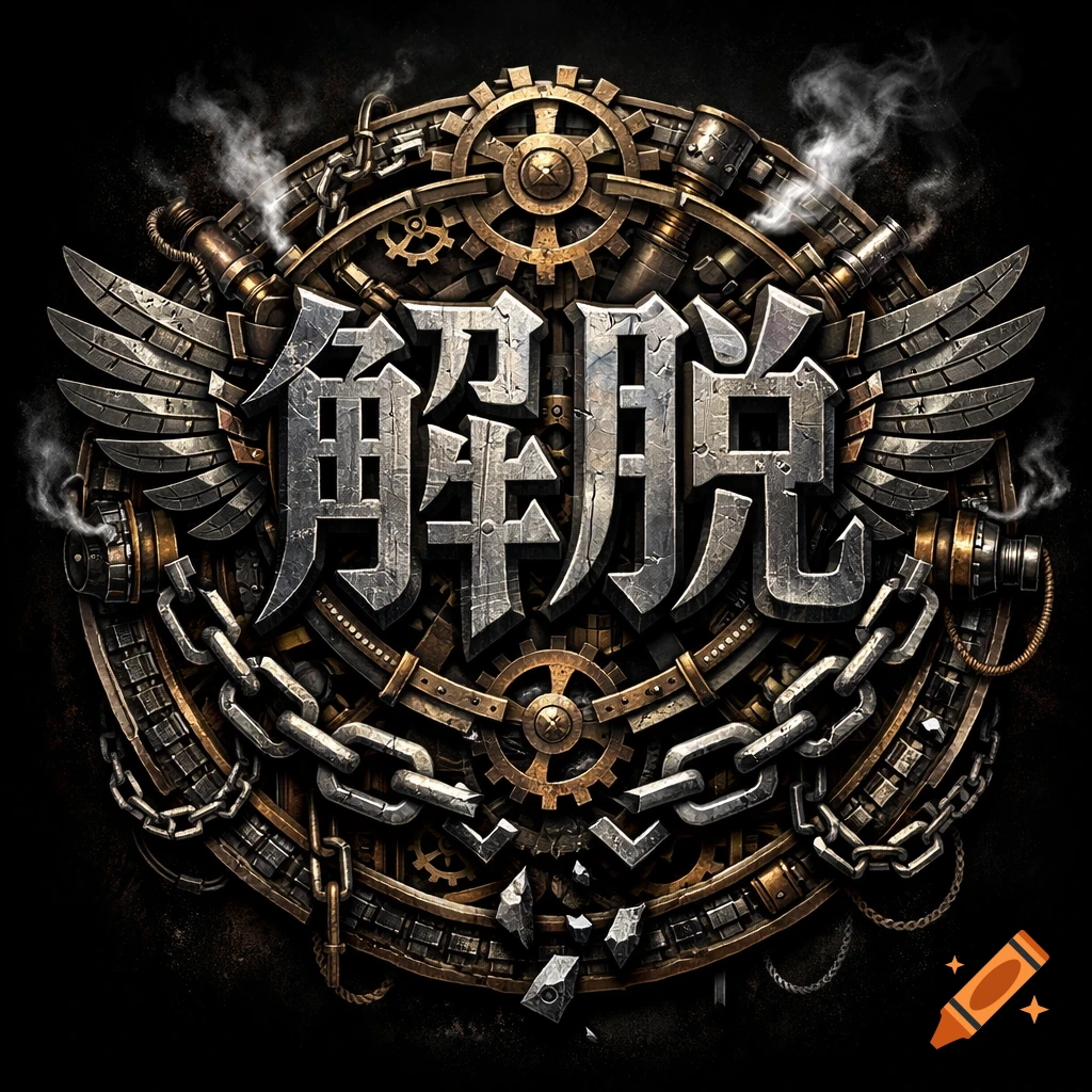 A detailed steampunk emblem featuring metallic Japanese kanji '解脱' (Jiedu) surrounded by gears, chains, and mechanical wings.