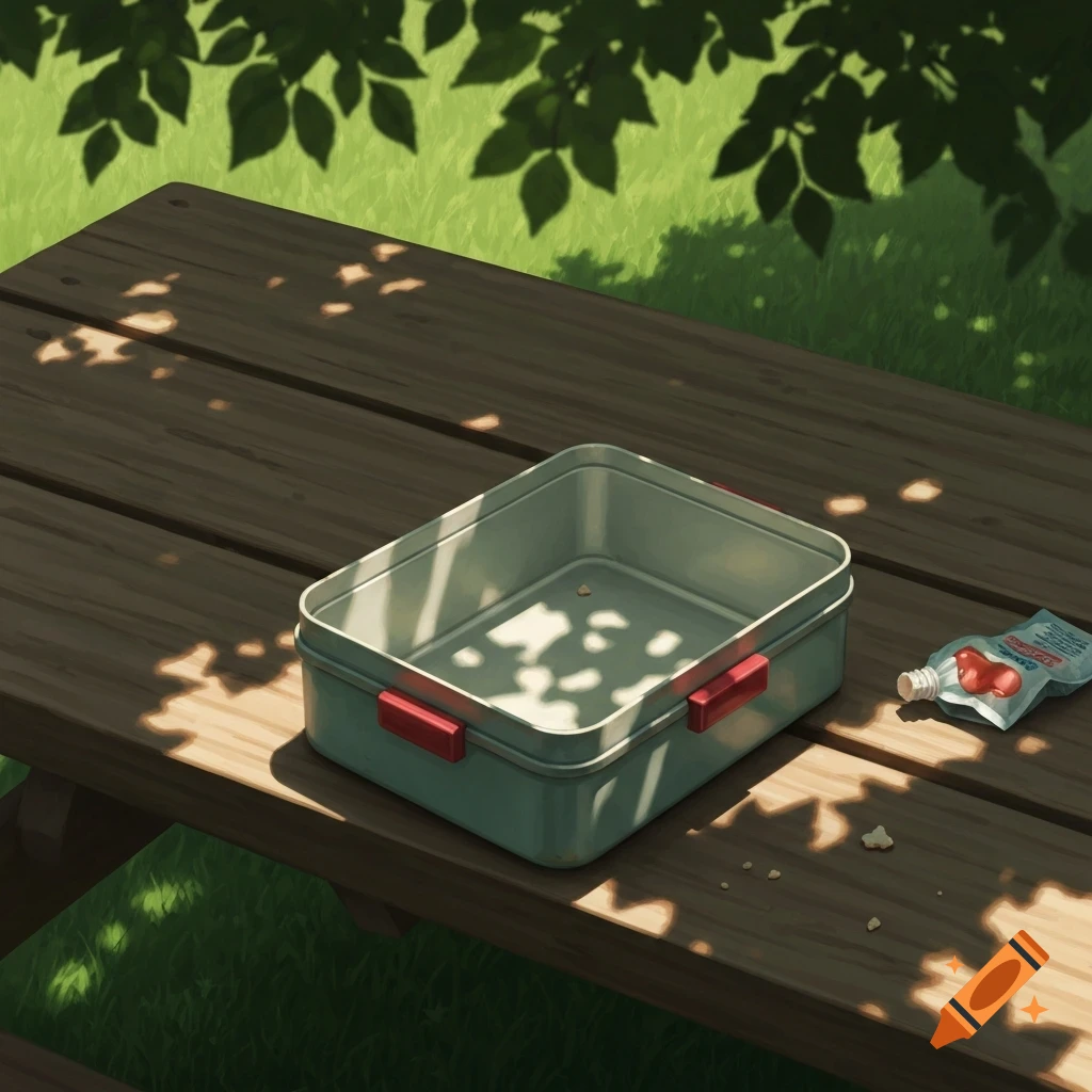 An empty light blue lunch box and a squashed food pouch on a wooden picnic table under dappled sunlight.
