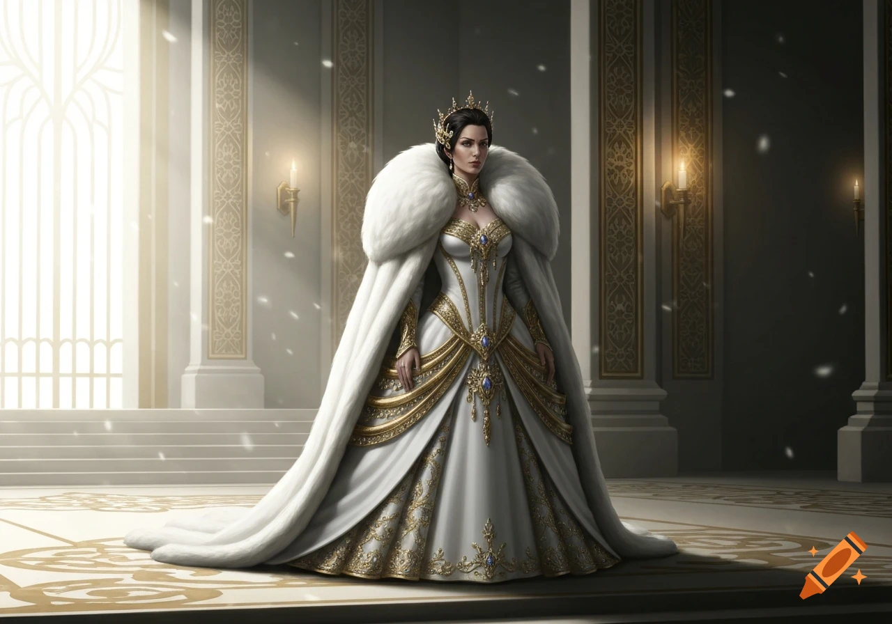 A regal woman in a white and gold jeweled gown with a voluminous white fur cloak and crown stands in a grand, sunlit hall.