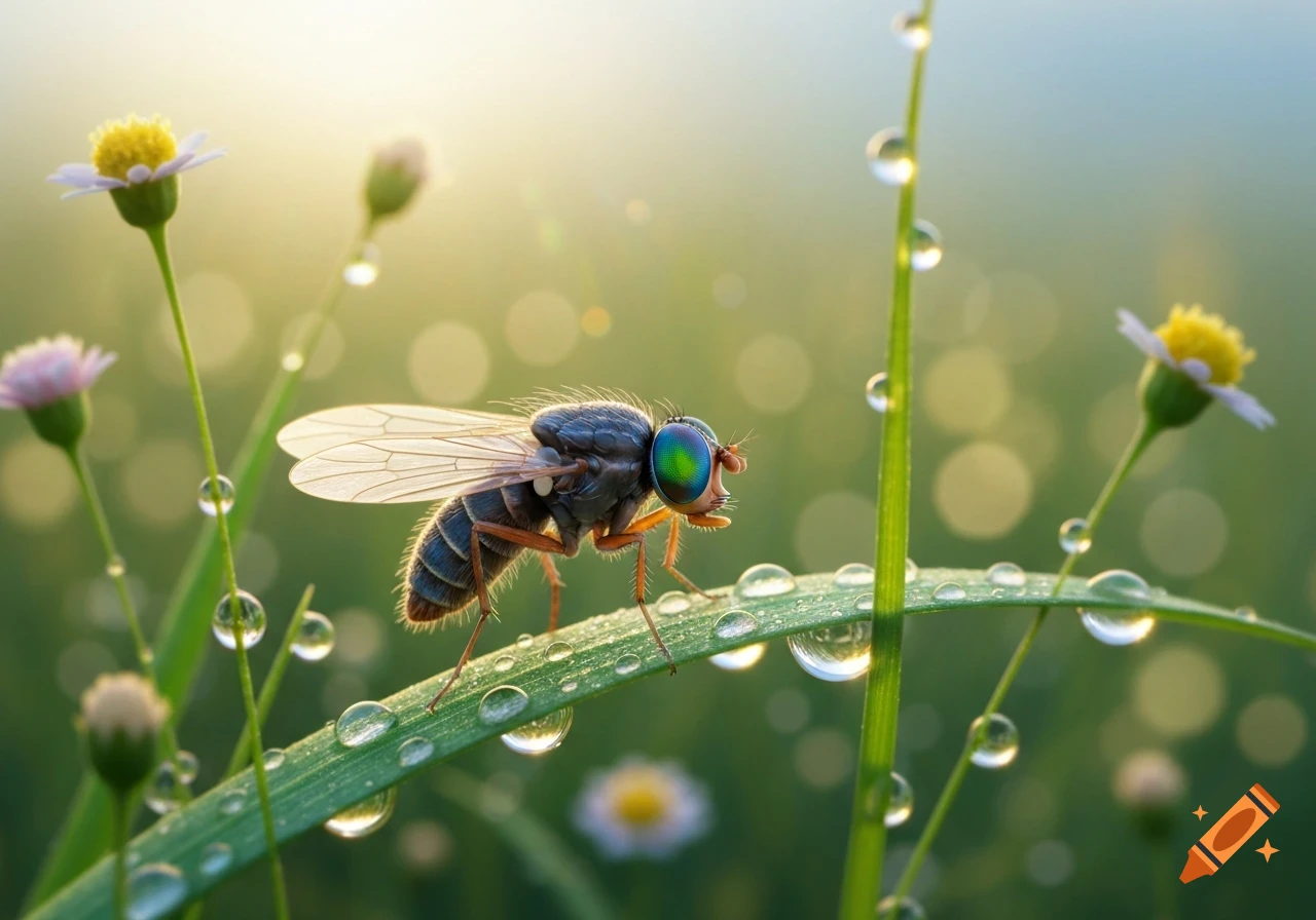 A close-up, photorealistic shot of a fly with iridescent green eyes perched on a dew-covered blade of grass, with blurry flowers and sunlight in the background.