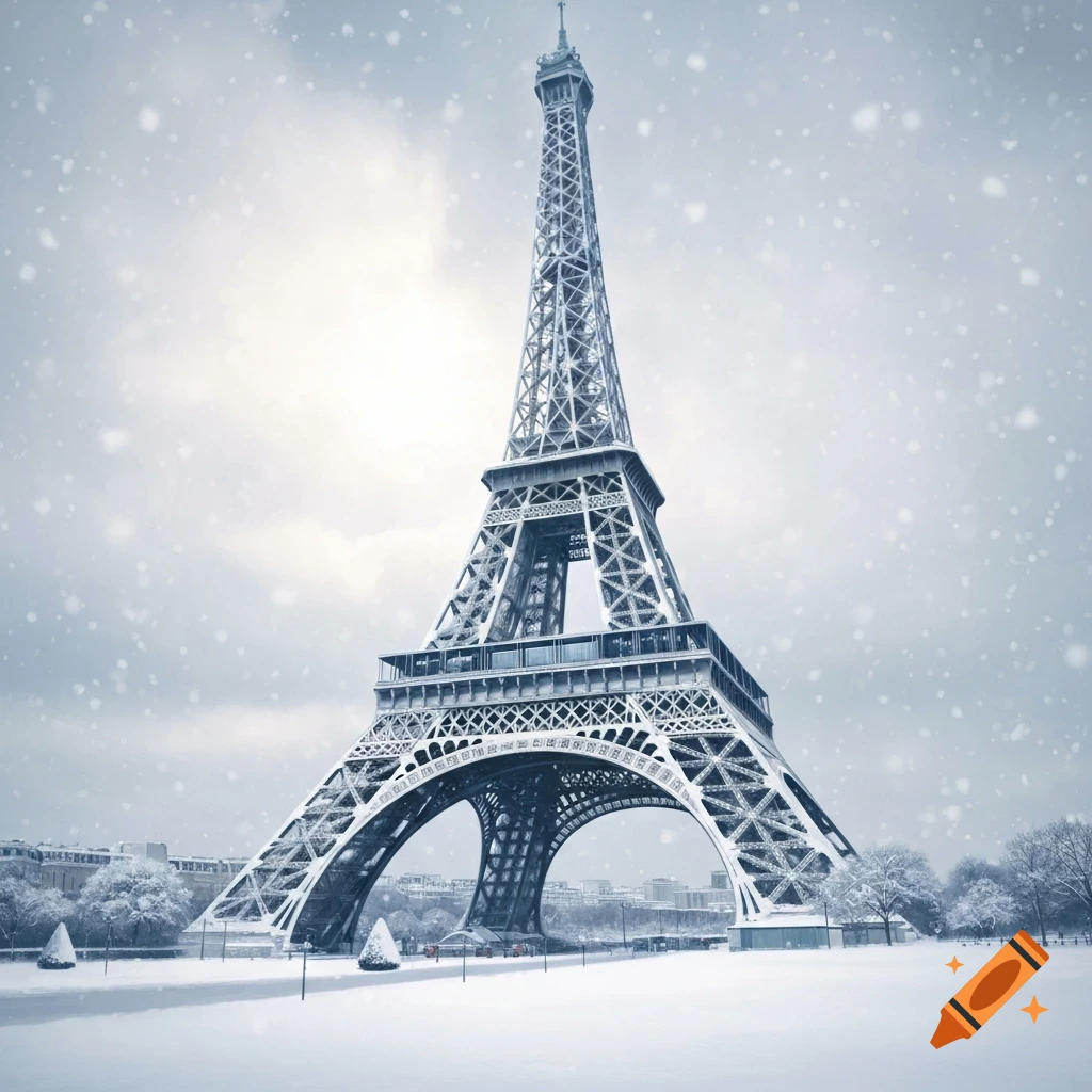 Photorealistic Eiffel Tower in Paris, covered in snow with snowflakes falling under a bright sky.