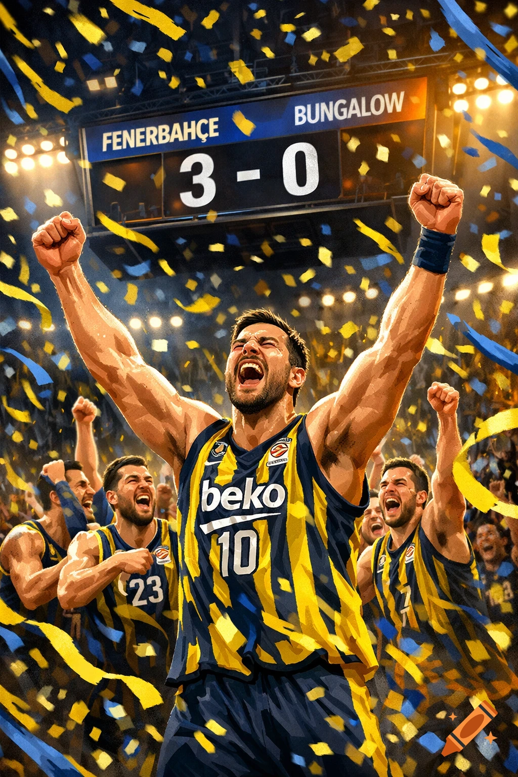 Basketball players in yellow and blue jerseys celebrate a victory on court, surrounded by confetti, with a scoreboard showing 'Fenerbahçe 3-0 Bungalow'.