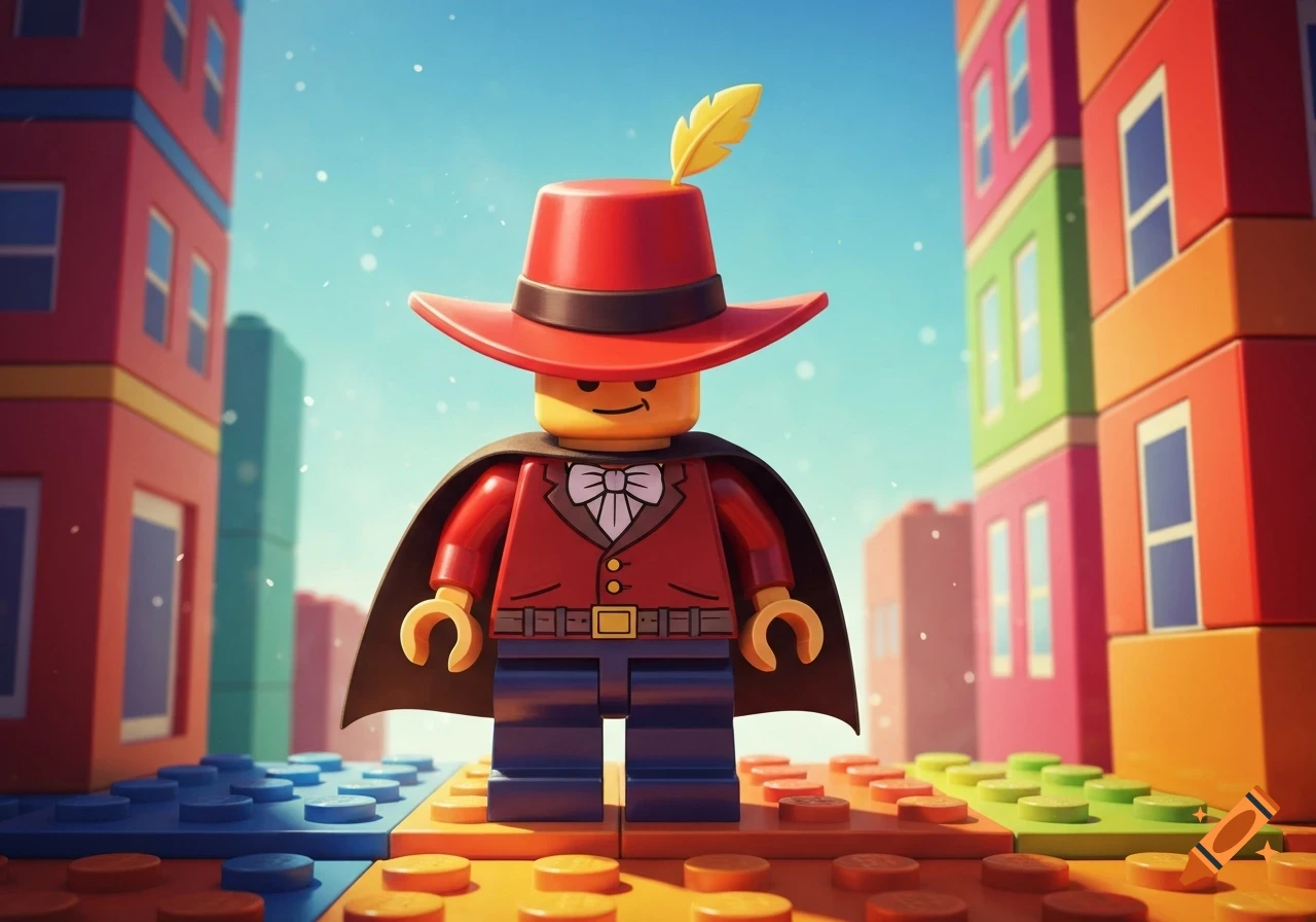 A Lego minifigure in a red hat with a feather and a black cape stands on colorful Lego baseplates in a bright Lego city.