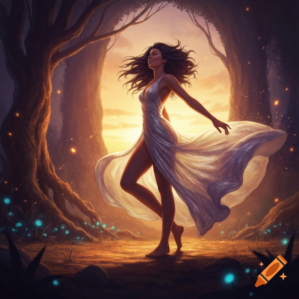 A woman with flowing hair dances in a shimmering white dress in a mystical forest at sunset, with glowing flora.